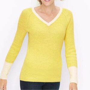 Talbots Chic Sporty Retro Yellow V-Neck Contrast Trim Sporty Sweater Wm's XS NWT